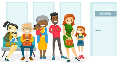 Group of cartoon people waiting outside a doctors office